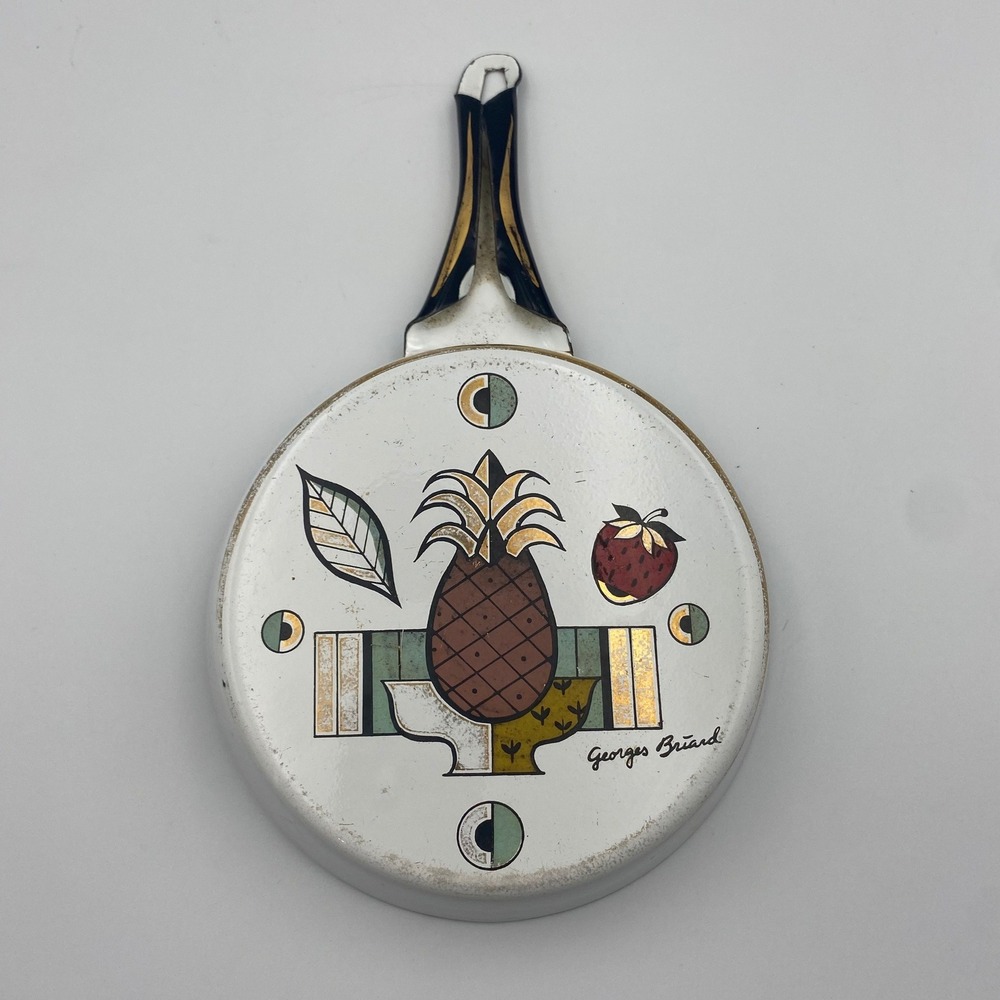 Vintage Georges Briard Enamel Skillet Pineapple Strawberry MCM Signed 7.5 Inch